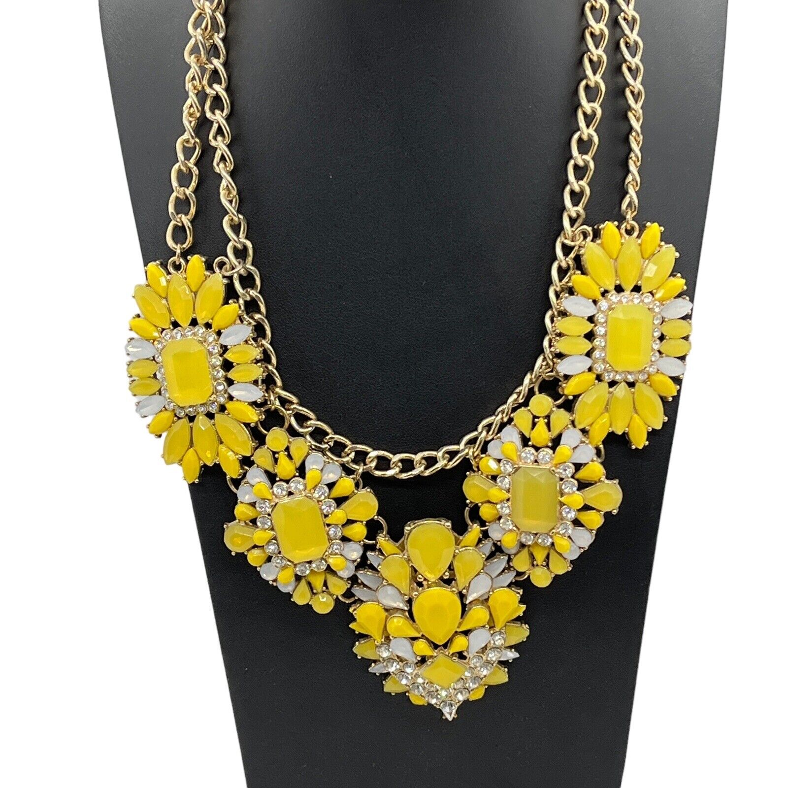 Statement Necklace Yellow Opalescent Bold Gold Tone Chunky Retro Vibes Funky Fun 24$